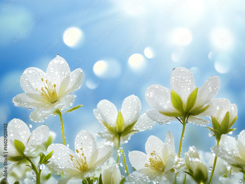 Fototapeta premium beautiful background, field of white flowers, morning dew