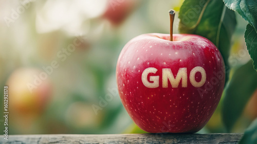 Close-up of gmo red apple with text engraving on skin and leaf background