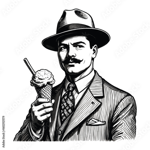 Gentleman with Ice Cream Cone, drawn in an engraved, woodcut style with fine details sketch engraving vector illustration. Scratch board imitation.