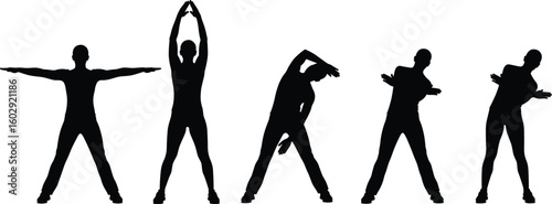 Silhouettes of individuals performing stretching exercises, fitness pose variations, black and white vector illustration, flexibility, wellness, health routine, body movement