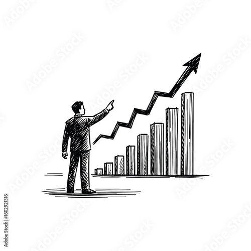 Businessman Pointing at Growth Chart, drawn in an engraved, woodcut style with fine details sketch engraving vector illustration. Scratch board imitation.