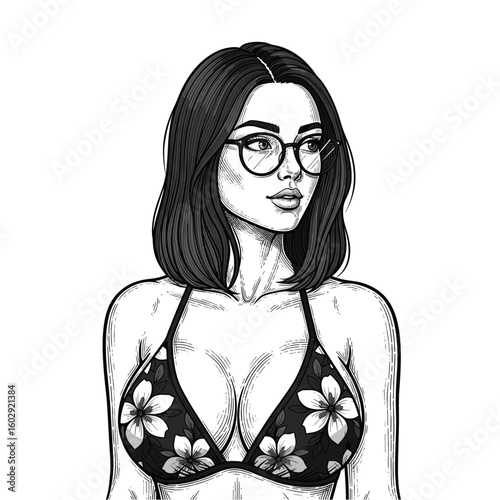 Woman in Bikini Top with Glasses, drawn in an engraved, woodcut style with fine details sketch engraving vector illustration. Scratch board imitation.