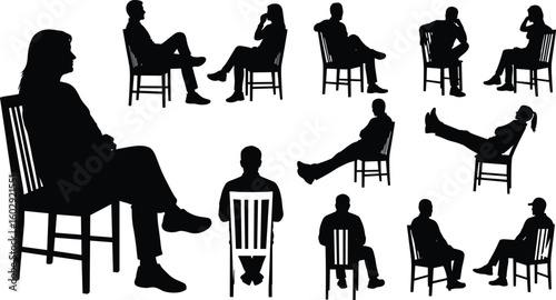 Silhouettes of seated people on chairs in varied poses, posture design concept, black vector illustration, diverse sitting positions, social artwork