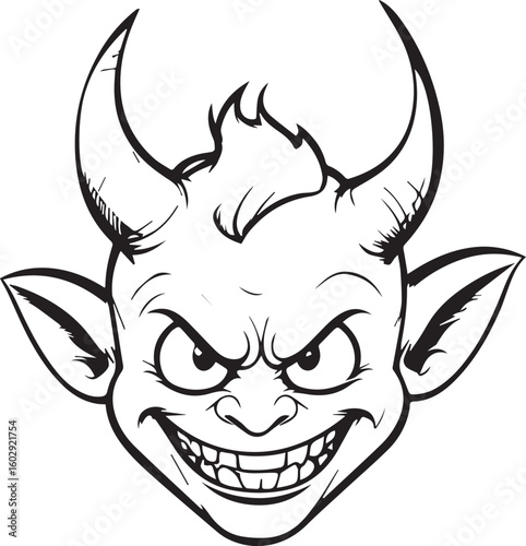 Devil Face Illustration: A detailed black and white illustration of a mischievous devil face, exuding an aura of playful malice. 