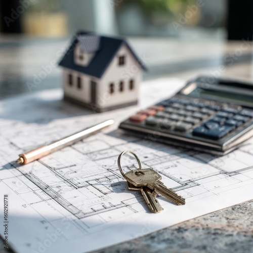 Home Buying Preparation with Keys, Calculator, and Plans