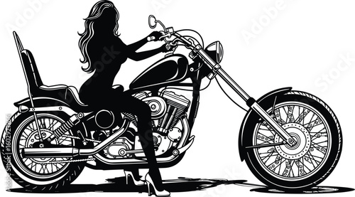 Woman riding classic motorcycle silhouette, black and white vector art, biker lifestyle, adventure freedom pose, long hair, stylish motion