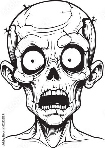 Grim Zombie Portrait: A monochromatic depiction of a zombie's grotesque head and shoulders, featuring stark contrast, capturing an eerie and unsettling atmosphere.