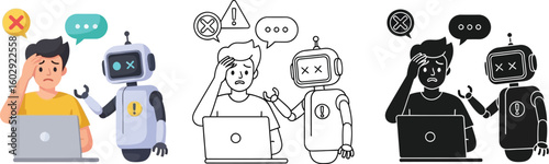 Ai automation problem solving help with robot and frustrated man on laptop vector art