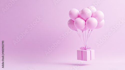 Pink gift box aloft, surrounded by balloons