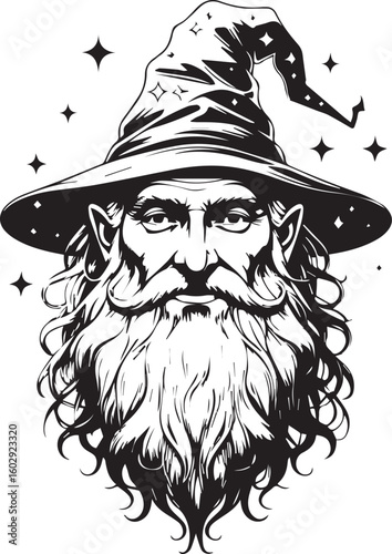 Mystical Wizard: A captivating illustration of a wise wizard with a long beard and traditional hat, exuding an aura of enchantment and fantasy. 