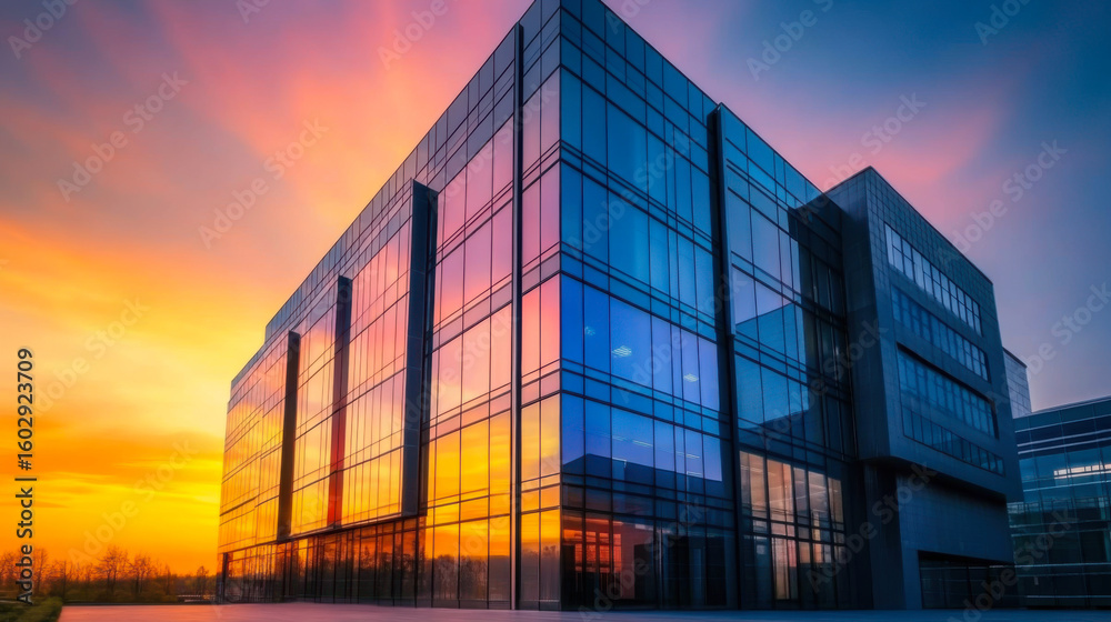 Fototapeta premium Sunset reflections on modern office building
