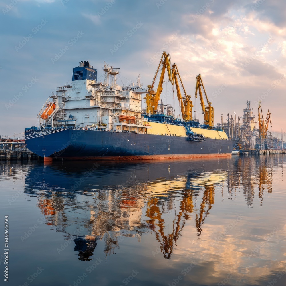 Fototapeta premium Majestic Cargo Ship Docked at Harbor Under Dramatic Sunset Sky