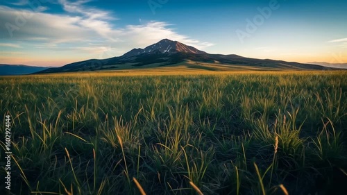 Sunset over a grassy field and mountain