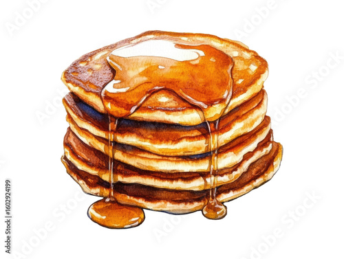 Stack of pancakes drizzled with syrup, depicted in a detailed watercolor illustration.