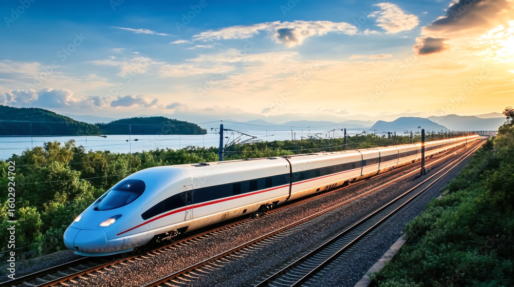 Fototapeta premium High-Speed Rail Train at Sunset over Water