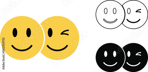 Vector emoji graphics set of smiley face and winking face in color and black and white