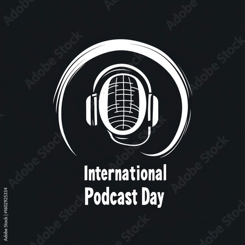 International podcast day logo featuring microphone and headphones design
