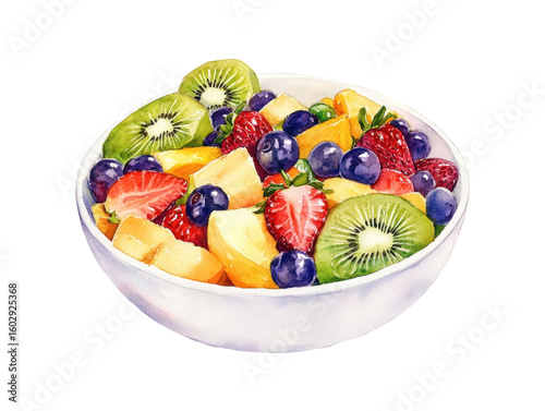 Colorful fruit salad in a white bowl.
