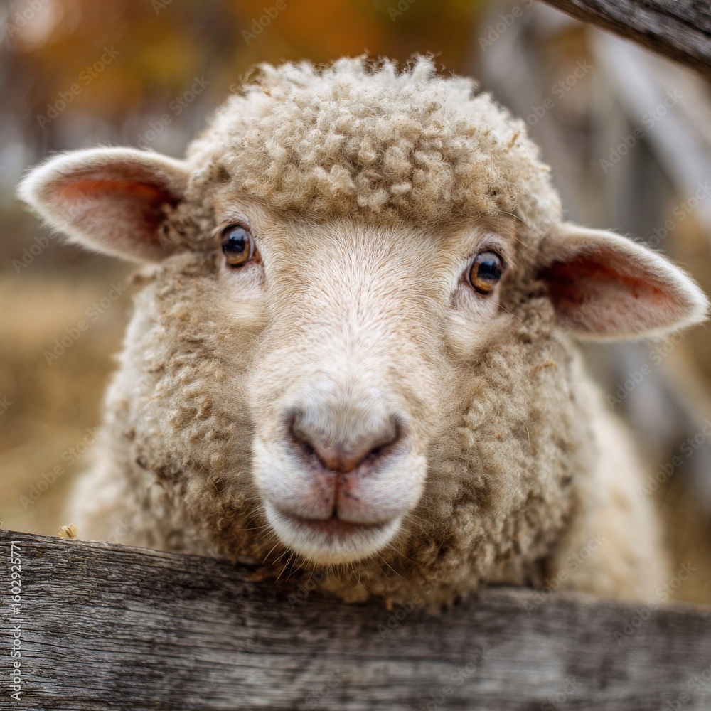 Obraz premium Close-up of a Curious Sheep Looking Through a Wooden Fence