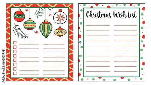 Two christmas themed list templates with ornaments and a christmas wish list heading and decorative borders