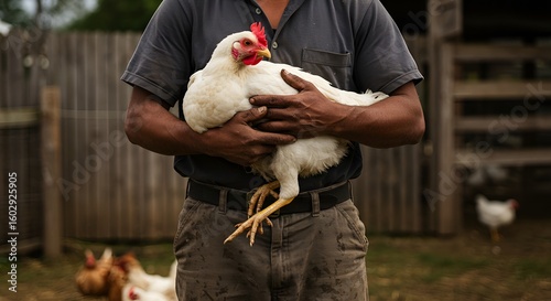 Farmer gently holding a healthy white chicken on a rustic farm, showcasing organic poultry farming