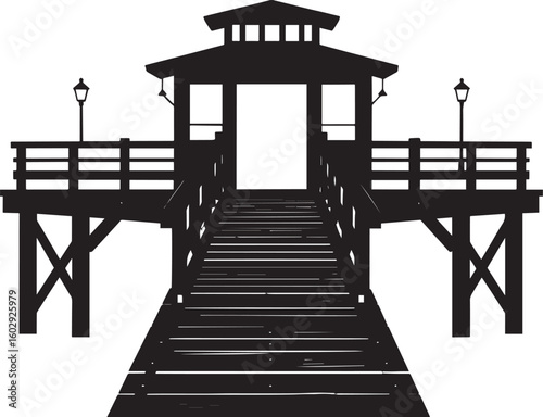Wooden Ferry Bridge Silhouette in Black | Rustic River Crossing Illustration Vector Format