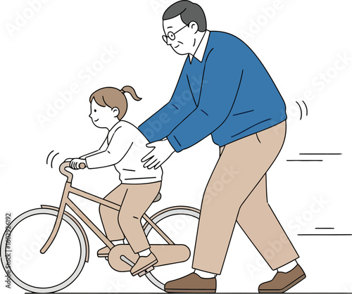 Grandfather teaching granddaughter to ride bike learning to cycle illustration