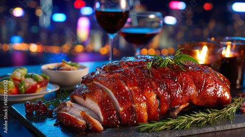 A festive dinner scene featuring roasted meat, wine, and sides against a blurred city background