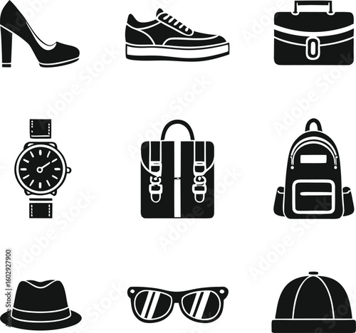 Fashion and accessory icon set with clothing and personal items silhouette style