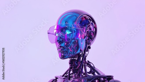 AI Video Editor. Futuristic transparent purple android head with neon 