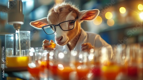 A goat wearing glasses and a lab coat, conducting experiments in a vibrant laboratory setting