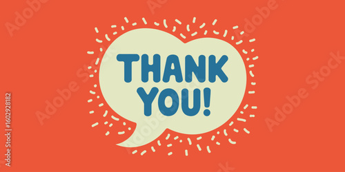  “Thank You!” speech bubble in cream with bold blue text and emphasis lines, on orange background—perfect for greeting, event, or decor themes