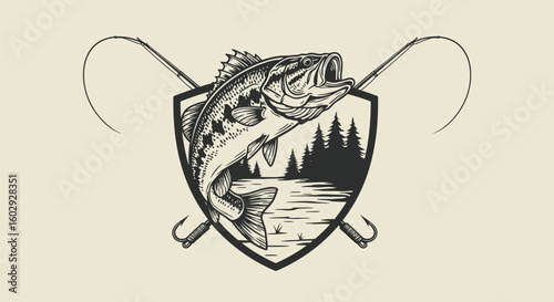Fishing Badge with Fish and Hooks Illustration