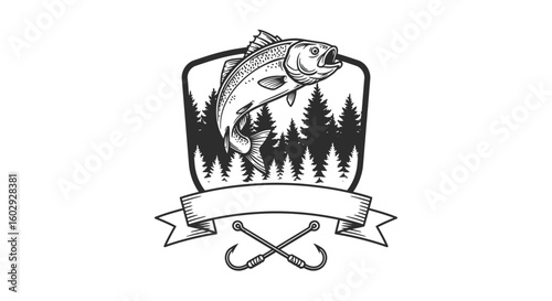 Fishing Badge with Fish and Hooks Illustration