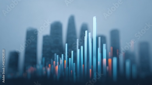 A city skyline with tall buildings and a blurry background