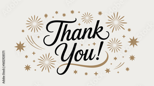 “Thank You!” message in black cursive with gold stars, sparkles, and bursts on light background, perfect for celebration, greeting, or decor themes