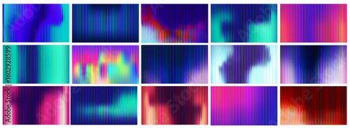 Fractal glass gradient backgrounds set with neon ribbed light pattern. Vibrant abstract design in purple and green color spectrum. Y2K geometric prism effect with chromatic distortion or fluid lines.