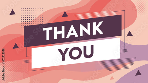  “THANK YOU” message in split purple-and-white blocks with abstract shapes, modern celebration design ideal for appreciation, events, or decor