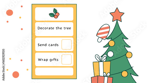 Christmas checklist with decorate the tree send cards and wrap gifts next to a christmas tree and presents