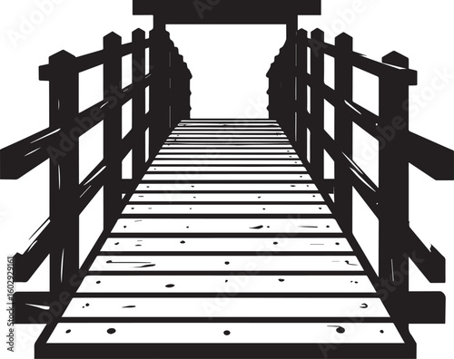 Wooden Ferry Bridge Silhouette in Black | Rustic River Crossing Illustration Vector Format