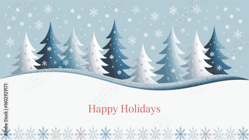  “Happy Holidays” message in red over snowy landscape with falling snowflakes, evergreen trees, and decorative border, ideal for seasonal greetings