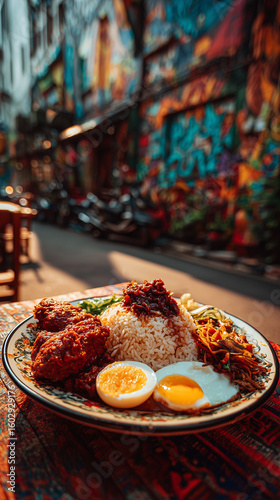 A vibrant plate of nasi lemak with fried chicken and eggs in a colorful street setting outdoors