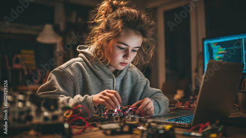 Teen girl builds robot with laptop and electronic components.