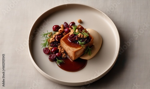 Fototapeta Naklejka Na Ścianę i Meble -  Foie gras creation by Normand Laprise, a maple-glazed culinary masterpiece on a serene plate