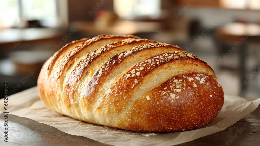 Freshly baked loaf of artisan bread on parchment paper Freshly baked loaf of artisan bread on parchment paper