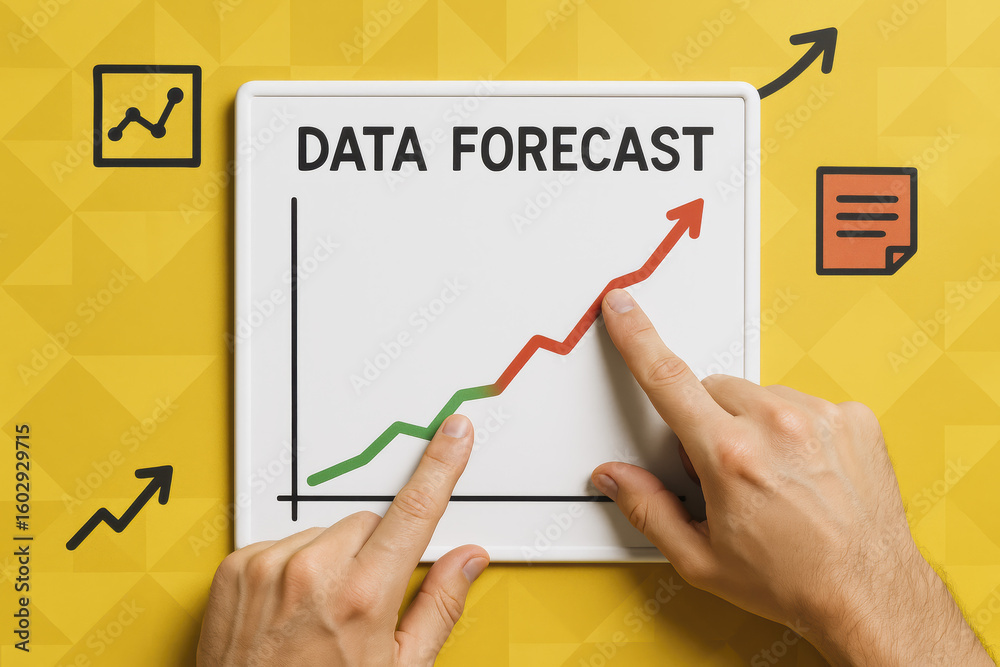 Fototapeta premium Data forecast and trend analysis showing growth prediction marked on whiteboard with vivid yellow geometric pattern
