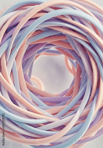 A close-up of interwoven pastel-colored rubber bands forming a swirling, circular pattern with an open center.