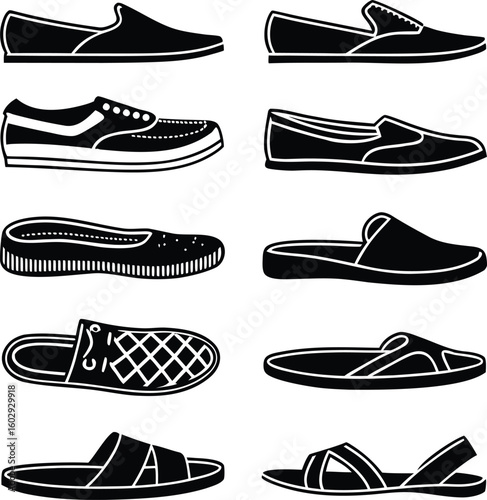 Casual footwear icon set featuring slip on loafer silhouette