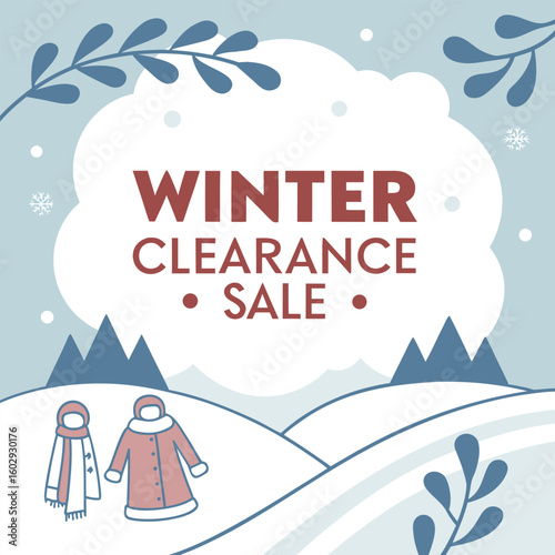 Winter clearance sale advertisement with coat and scarf on snowy hills and leafy branches illustration
