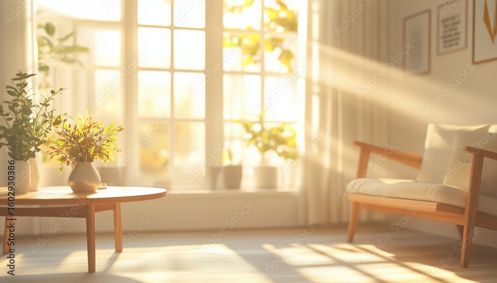 Fototapeta premium Blurred Image Of Sunlit Living Room With Large Windows In A Cozy Interior, Creating A Beautifully Illuminated And Serene Setting.